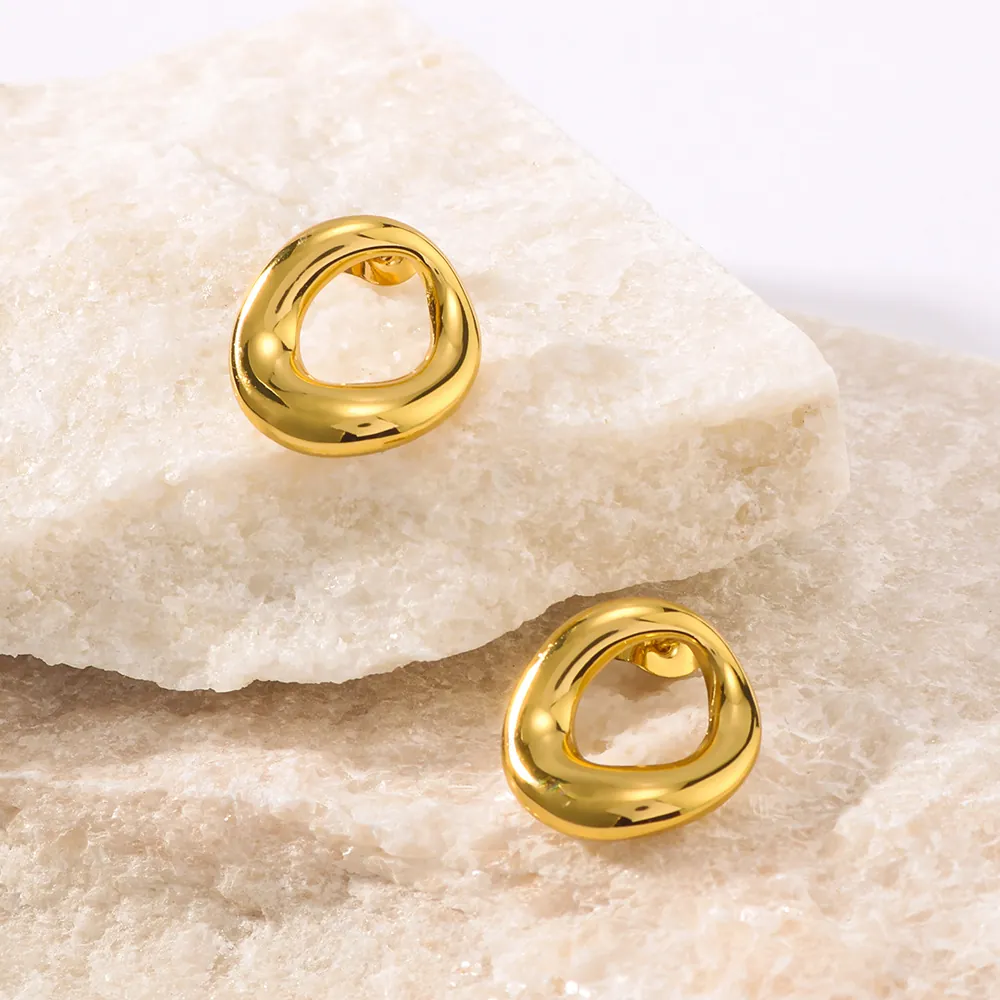 Boucles D'oreilles Puces Cercle Rond Organique Irrégulier Acier Inoxydable Plaqué Or Minimaliste Métal Liquide Femmes