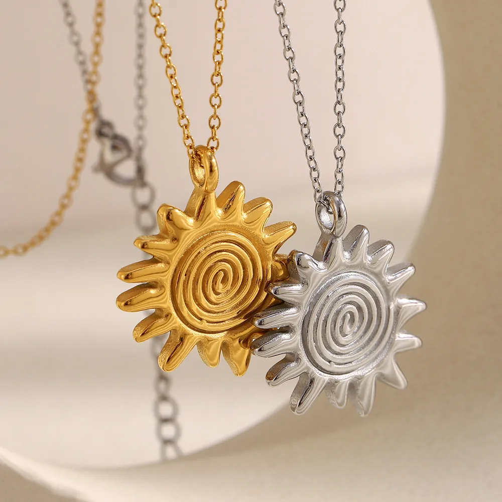 Sun Pendant Necklace Stainless Steel 18K Gold Plated Fingerprint Swirl Texture Daily Trendy Jewelry For Women