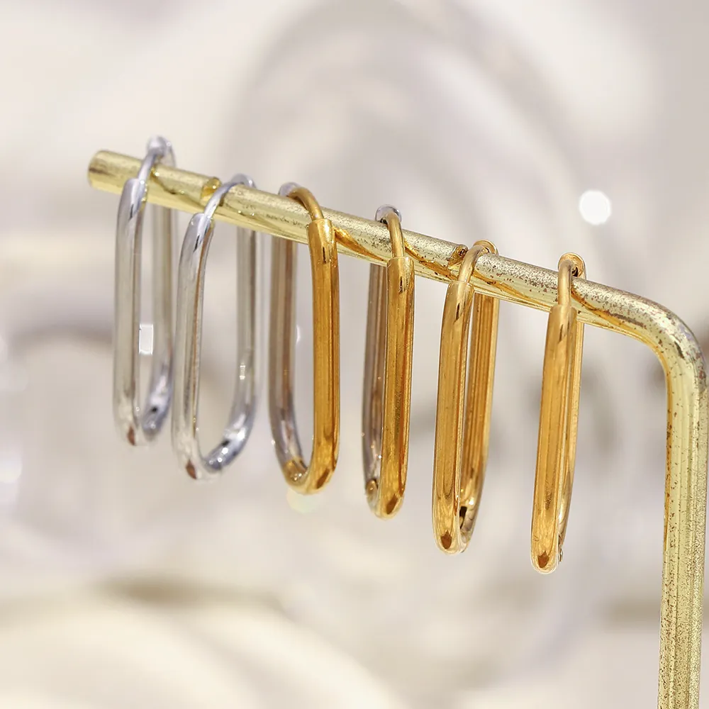 Boucles D'oreilles Créoles Bicolores Géométriques Acier Inoxydable Plaqué Or 18K Ovales Forme O Bijoux Mode Femmes