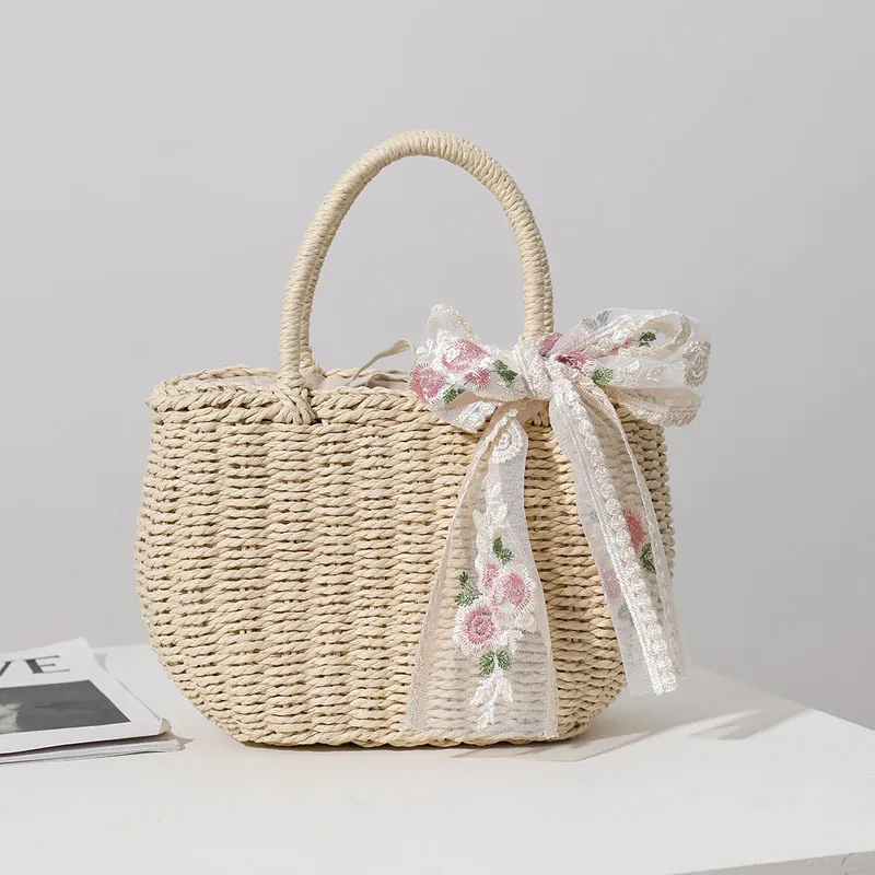 Straw Woven Handbag With Lace Ribbon Bow Floral Embroidery Sweet Summer Beach Vacation Basket Bag For Women