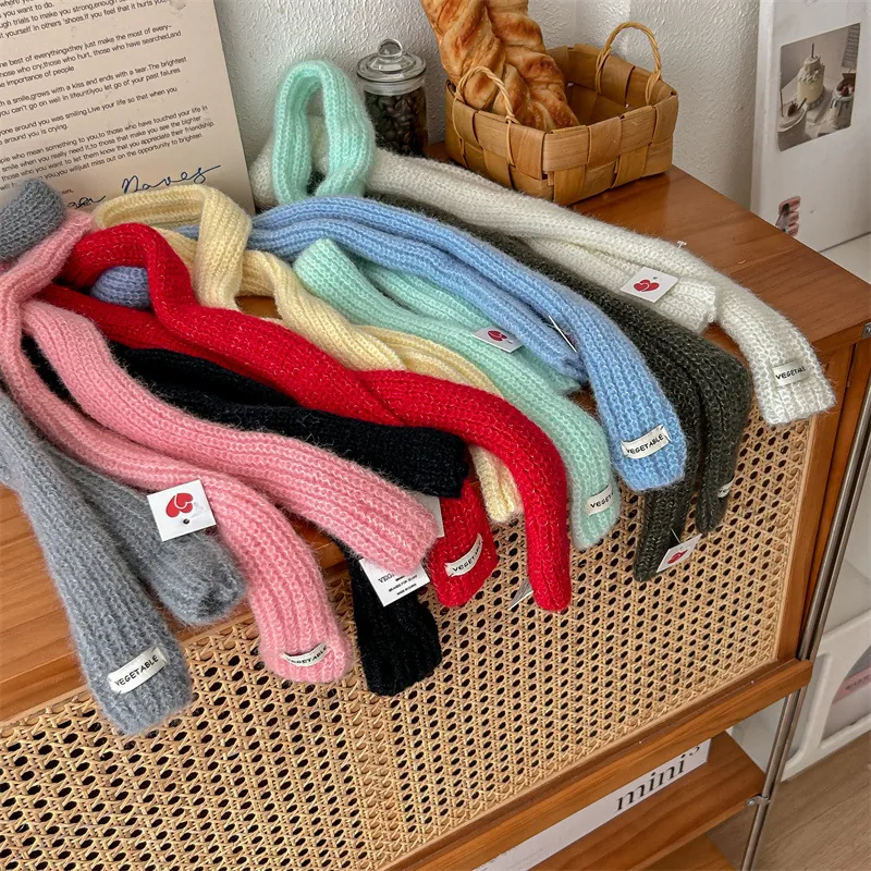Korean Style Candy Color Knitted Narrow Scarf For Women Winter Warm Thin Long Neck Scarf With Vegetable Letter Label