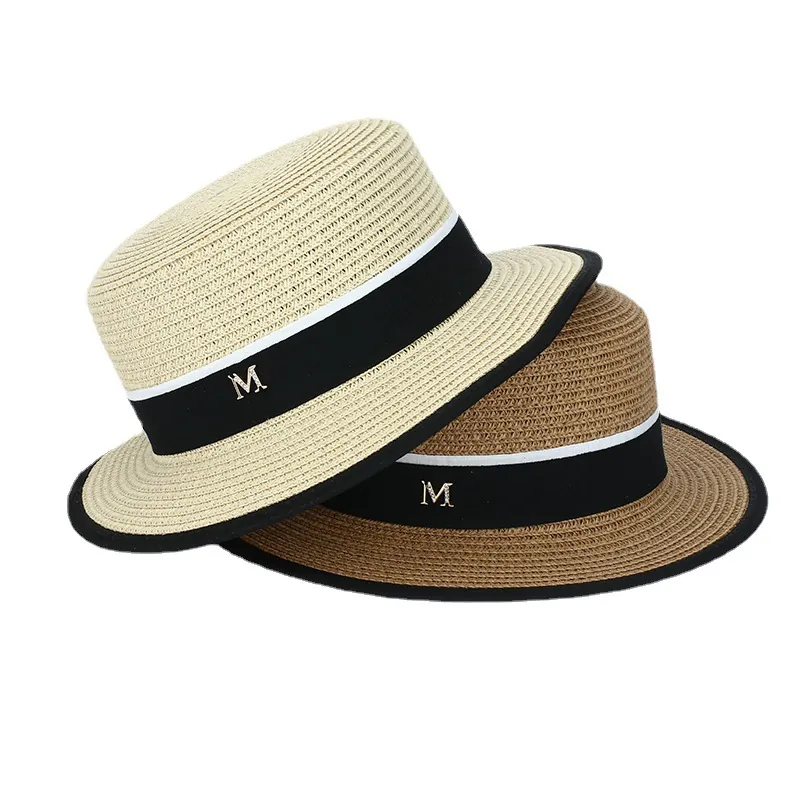 Chapeau De Paille Femme Canotier Plat Protection Solaire Plage Été Élégant Ruban M