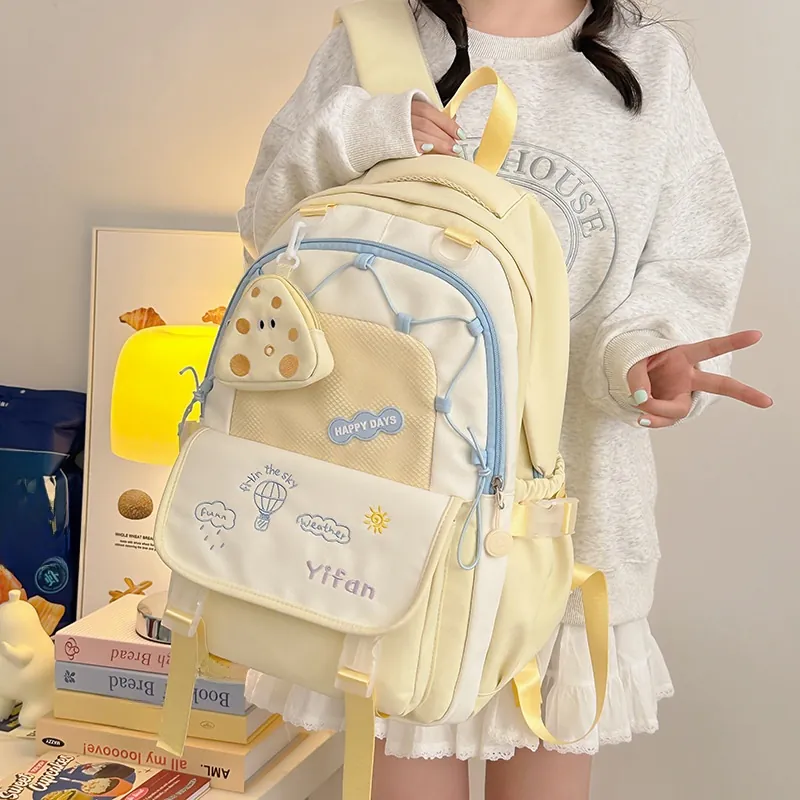 Japanese Style School Backpack Oxford Cloth Large Capacity Lightweight Embroidery Kawaii Daypack For Junior High Girls With Pendant
