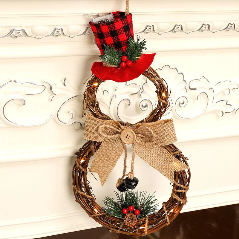 Christmas Wreath LED Hanging Ornament Rattan Snowman Tree Shape Burlap Bow Pine Cone Berry Festive Home Door Decor