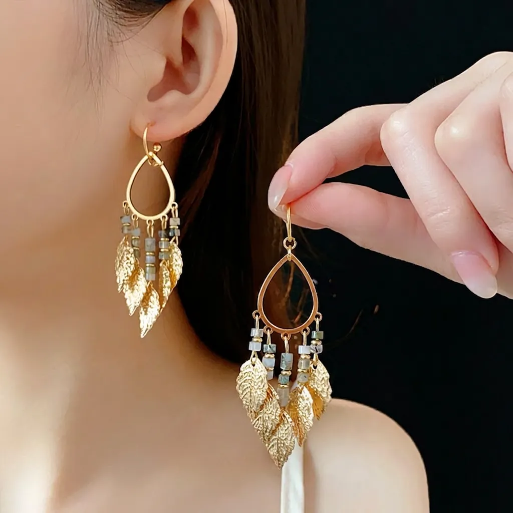 Boucles D Oreilles Pendantes Feuille Gland Pour Femmes Avec Cuivre Pierre Naturelle Et Tige En Argent Style Bohème
