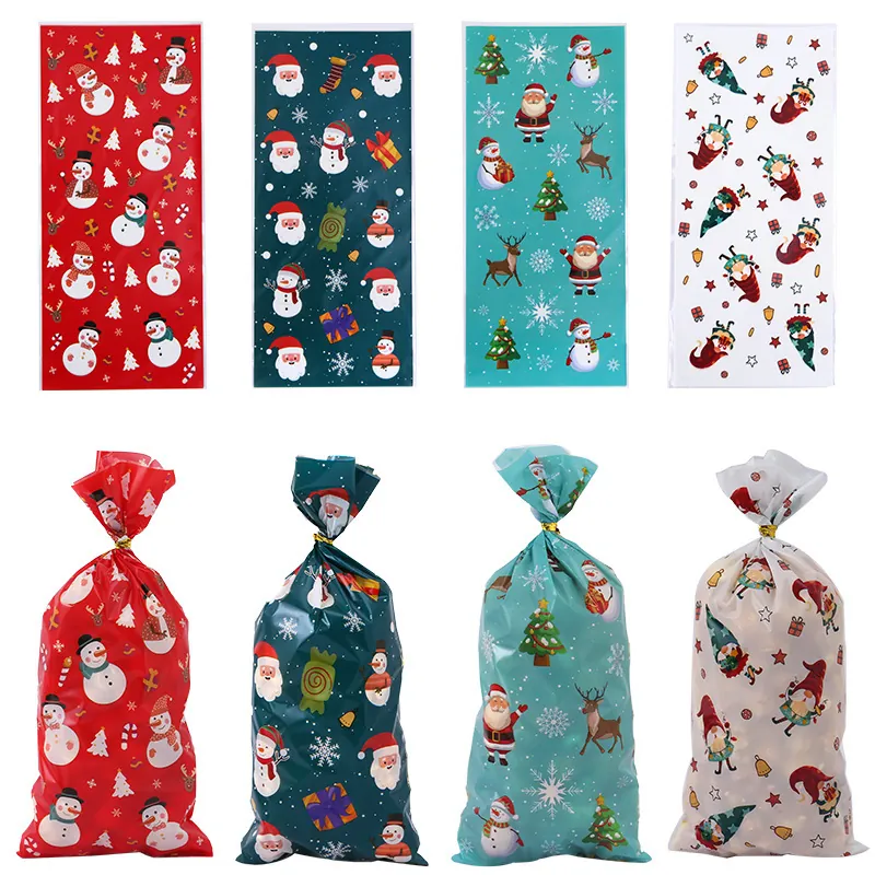 Christmas Gift Bags Plastic OPP Printed Holiday Candy Flat Treat Wraps With Twist Ties Santa Snowman Pattern