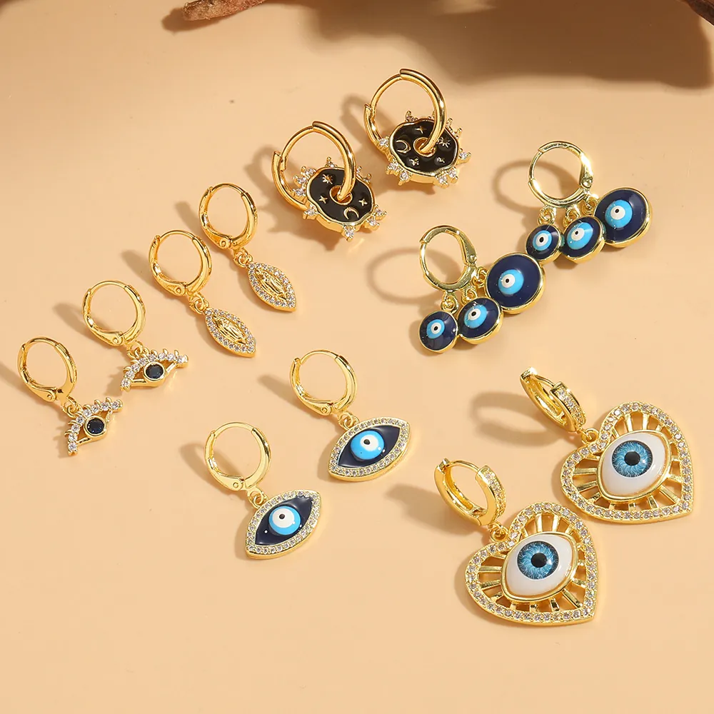 Orecchini a Pendente Bohemian Malocchio Cuore Stella Luna per Donna Rame Placcato Oro Zirconia Smalto Gioielli alla Moda