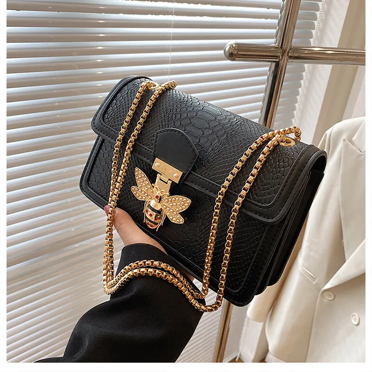 Women Vintage Bee Lock Chain Shoulder Bag Snake Embossed PU Leather Crossbody Small Square Bag Elegant Party Handbag