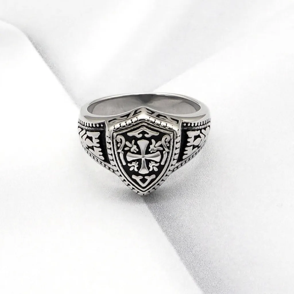 Bague Bouclier Croix Rétro Chevalier Médiéval Gothique Acier Inoxydable 316L Punk Bijoux Motard Pour Hommes