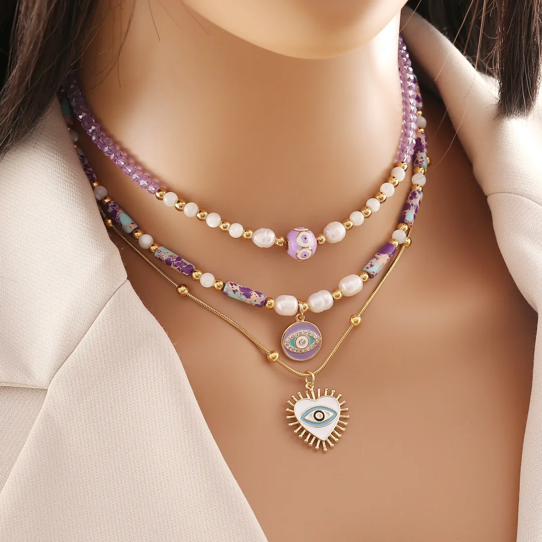 Collana Pendente Cuore Occhio Del Diavolo Acciaio Inossidabile Con Pietra Naturale Cristallo Viola Perla Artificial Sintetica Gioielli Donna