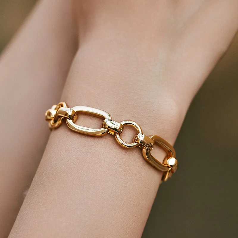 18K Gold Plated Copper Chain Bracelet For Women Retro Minimalist Neutral Style Round Buckle Chunky Link Jewelry Gift