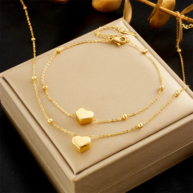 Ensemble Collier Et Bracelet En Acier Inoxydable Avec Pendentif Coeur Doré Bijoux À Perles Minimalistes Pour Femmes