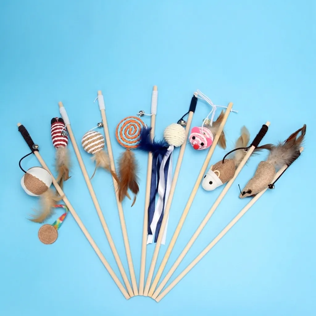Interactive Cat Teaser Wand Toy Natural Wood Pole With Linen Mouse Feather Metal Bell Sound Kitten Indoor Playing