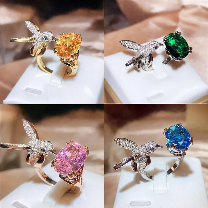 Hummingbird Open Adjustable Ring Colorful Oval Zircon Copper Jewelry For Women Elegant Animal Design Ins Style