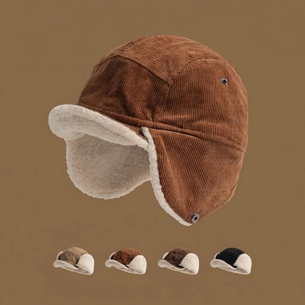 Corduroy Trapper Hat With Faux Lamb Wool Lining Winter Warm Aviator Cap With Earflaps Retro Windproof For Men Women