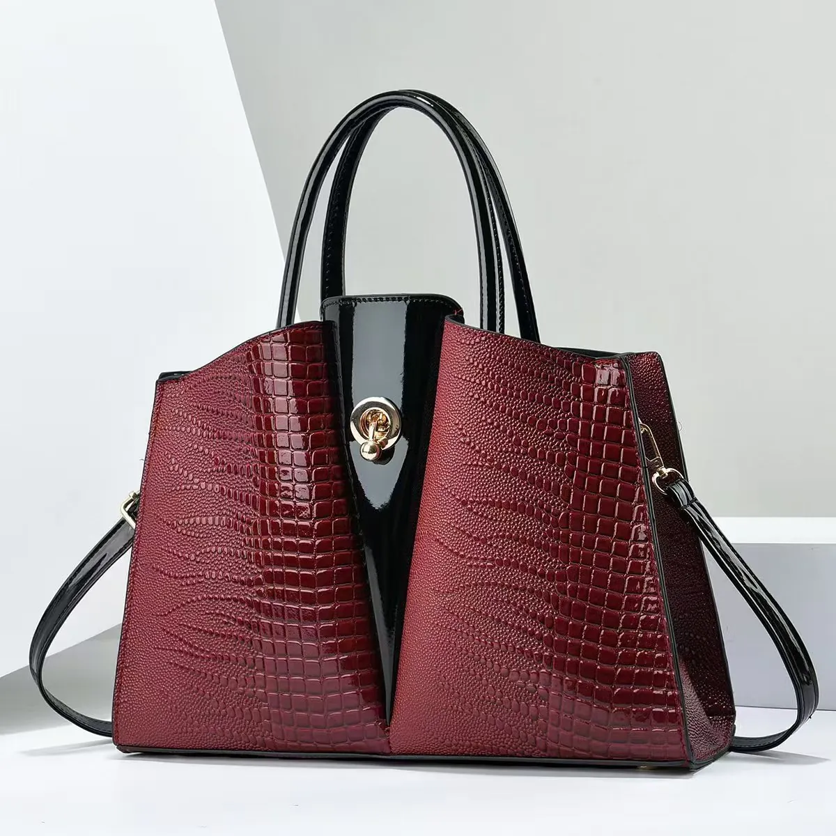 Urban Minimalist PU Leather Crocodile Pattern Crossbody Shoulder Bag Embossed Spliced High Gloss Contrast Color Stitching Handbag Tote Bag For Women Daily Commuting Gift
