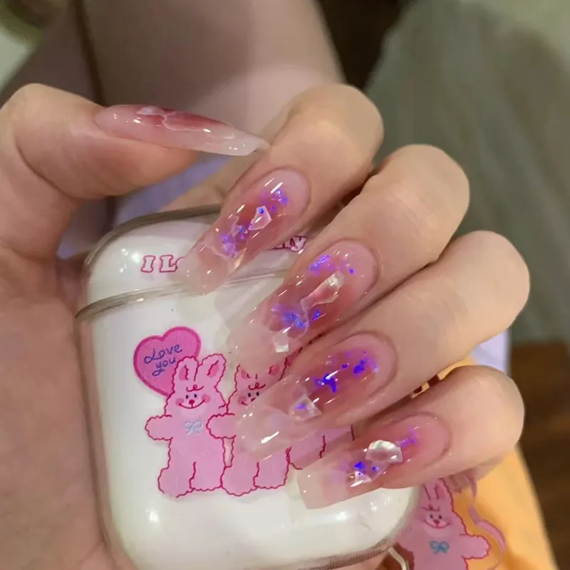 Press On Nails Coffin Long Gradient Blush Pink Glitter Marble Jelly Translucent Fake Nails For Women