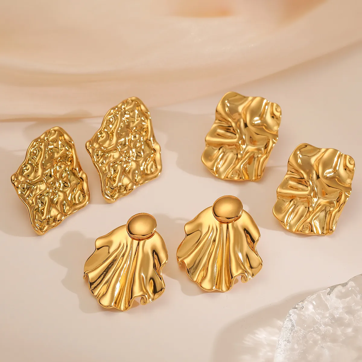 Irregular Geometric Stud Earrings 18K Gold Plated Stainless Steel Wrinkled Metal Style Fashion Jewelry For Women