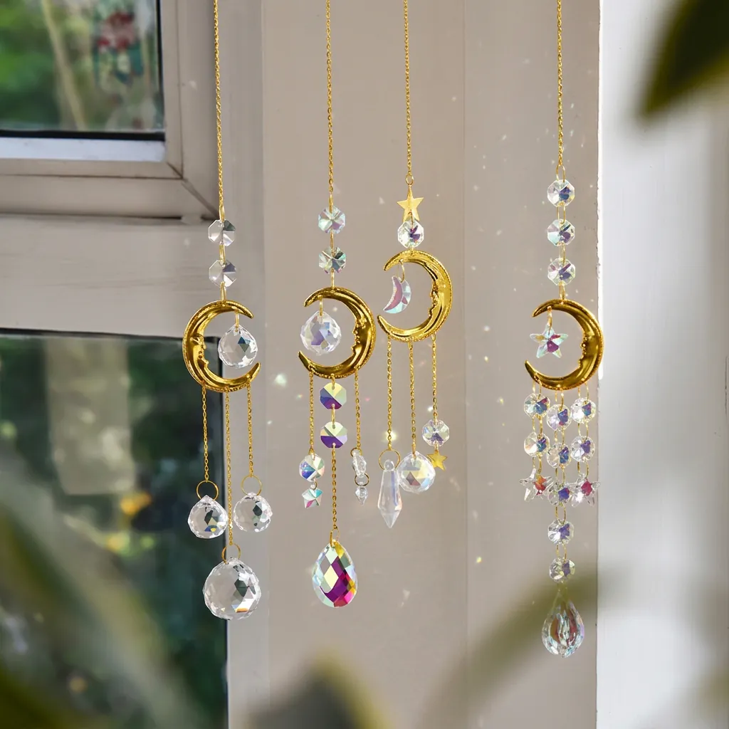 Crystal Suncatcher Moon Star Hanging Ornament Golden Alloy Chain Rainbow Maker Home Garden Decor Sparkling Prism