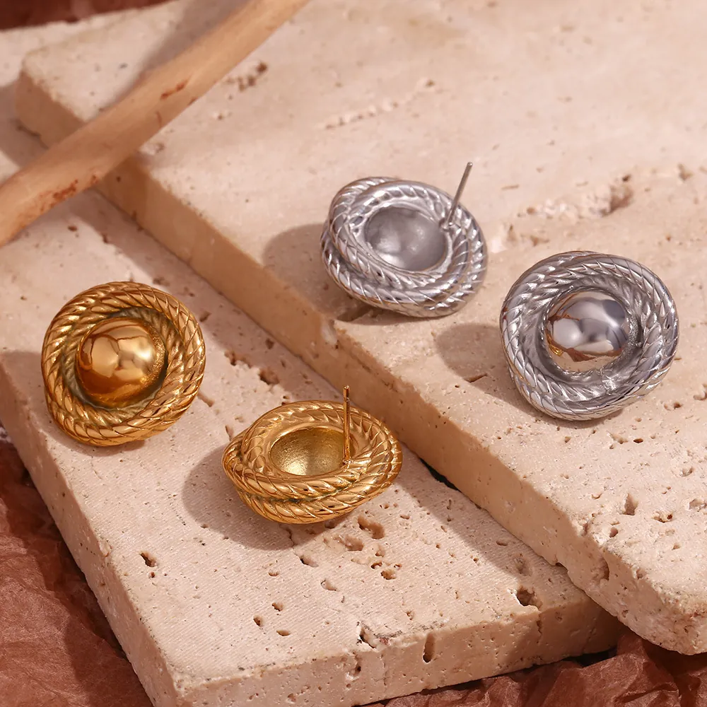 Round Button Stud Earrings Retro Twisted Rope Texture 18K Gold Plated Stainless Steel Minimalist Jewelry For Women