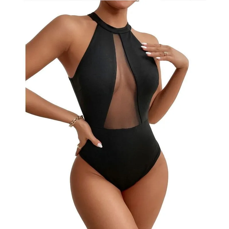 Halter Neck Monokini Swimsuit With Mesh Patchwork Hollow Out Backless Sexy Swimwear For Women