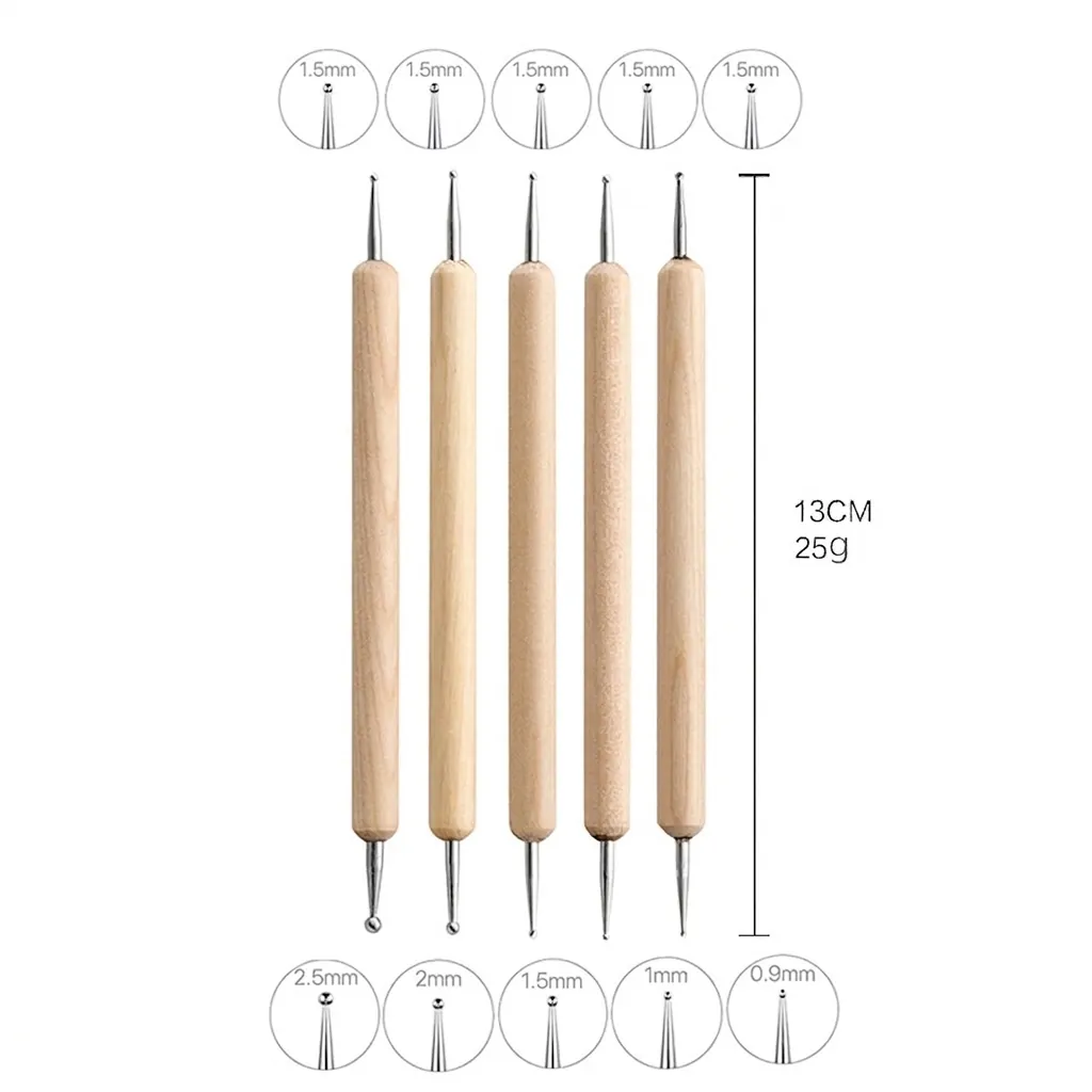 Dual Tip Dotting Tools Wooden Handle Embossing Stylus For Pottery Clay Painting And Nail Art Craft