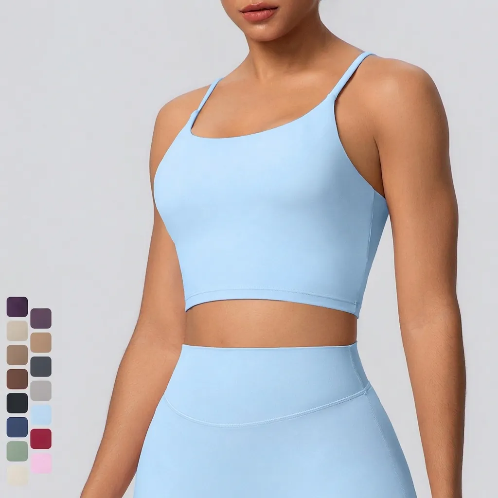 Soutien-gorge de Sport Yoga pour Femme Rembourré Débardeur de Fitness Sans Couture Dos Nu Fines Bretelles Haut Court