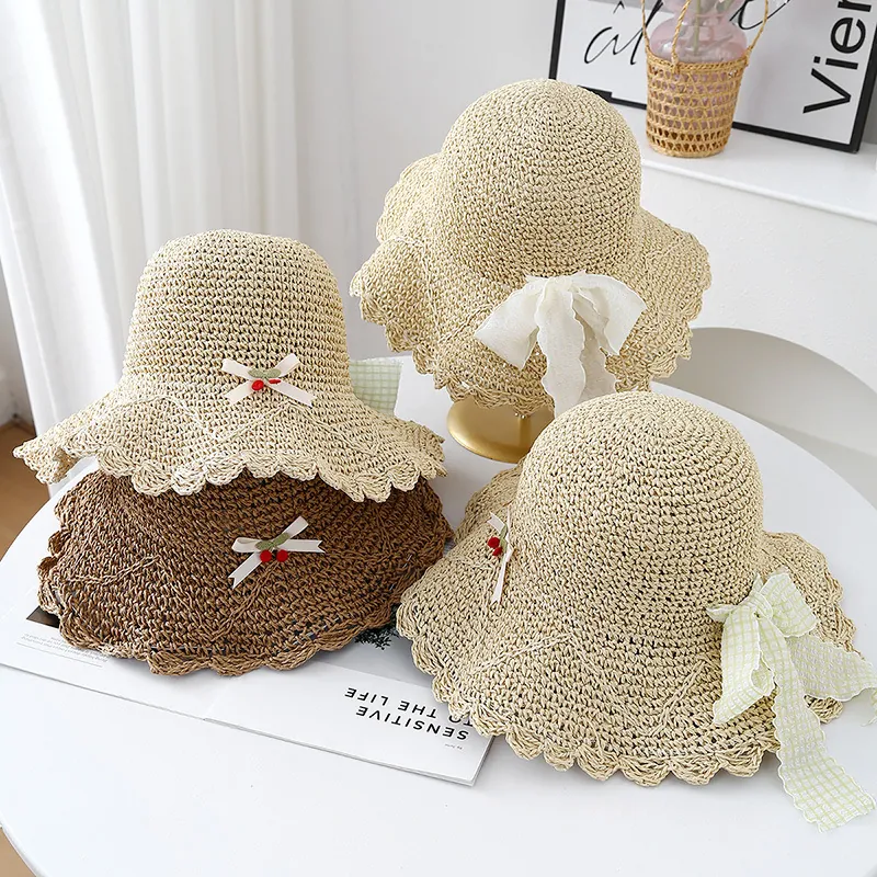 Women Straw Sun Hat Wide Brim Paper Straw Wavy Scalloped Edge Bow Ribbon Cherry Decoration Summer Beach Vacation Breathable