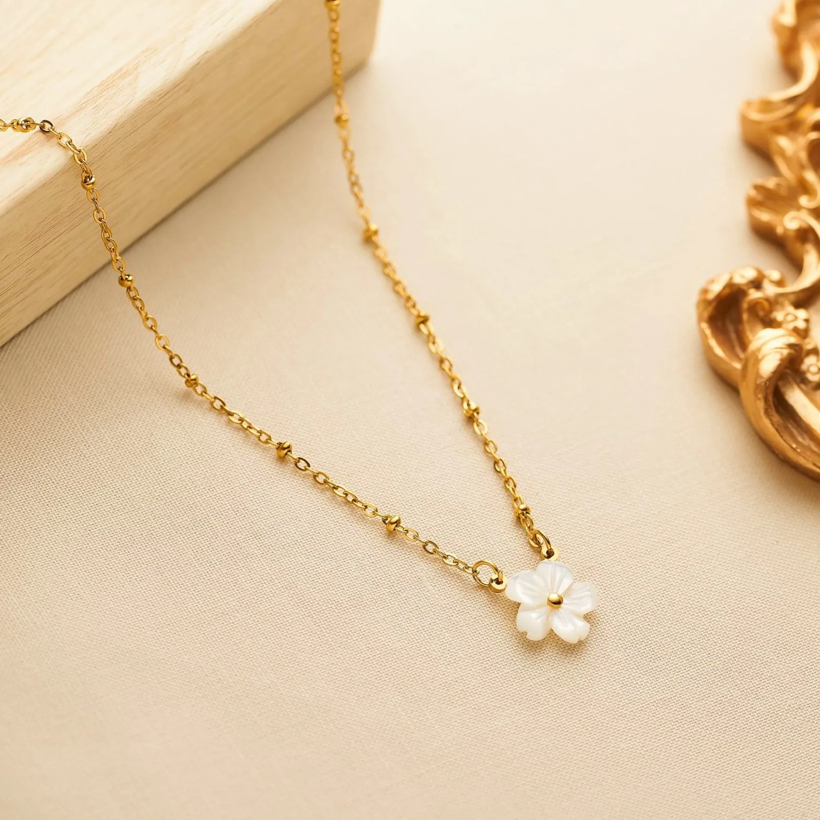 Flower Necklace Earrings Bracelet Stainless Steel 18K Gold Plated White Shell Cherry Blossom Elegant Sweet Jewelry Women