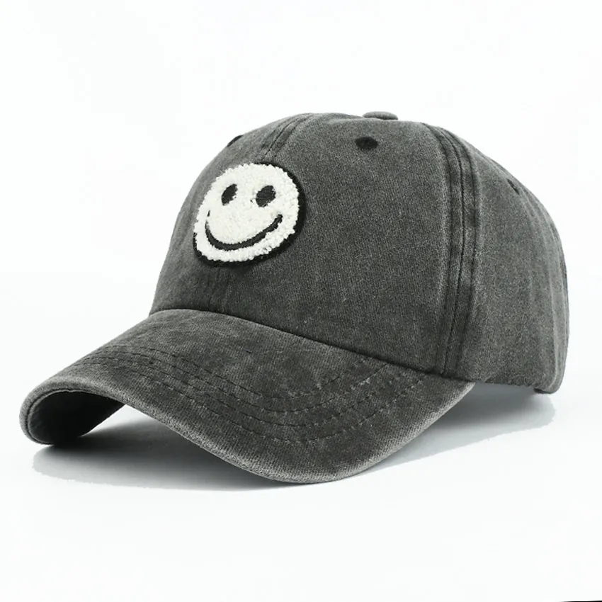 Washed Cotton Baseball Cap Smile Face Chenille Embroidery Vintage Casual Adjustable Sun Hat For Adults Kids