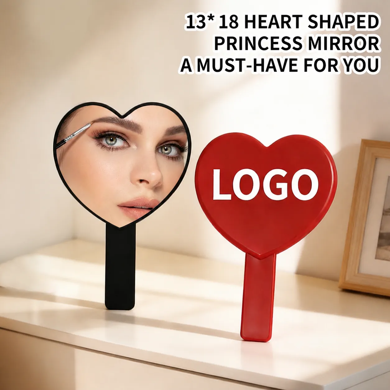 Heart Shaped Handheld Makeup Mirror High Definition Glass Plastic Frame Portable Vanity Cosmetic Mirror For Daily Use Cute