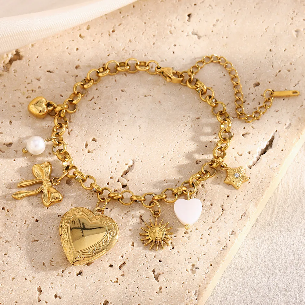 Women 18K Gold Plated Stainless Steel Charm Bracelet With Heart Locket Sun Star Bow Butterfly And Artificial Pearl Retro Elegant Jewelry