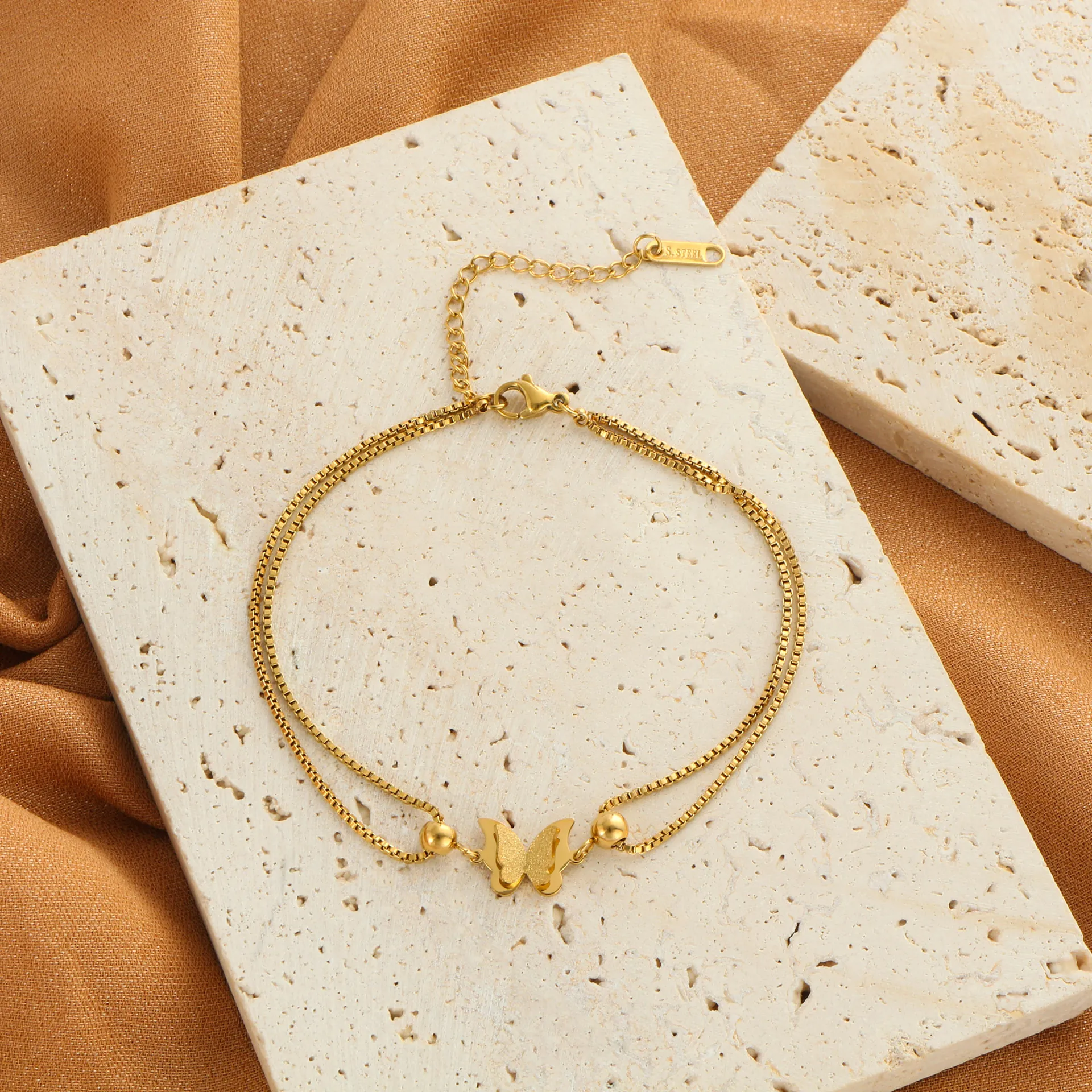 Layered Butterfly Anklet Titanium Steel 18K Gold Plated Zircon Hypoallergenic Foot Jewelry For Women Girls