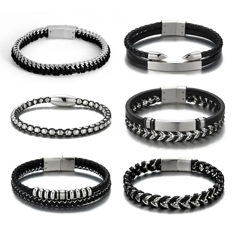 Men's Braided Leather Bracelet Stainless Steel Magnetic Clasp Multi-Layer Trendy Modern Jewelry Bangle