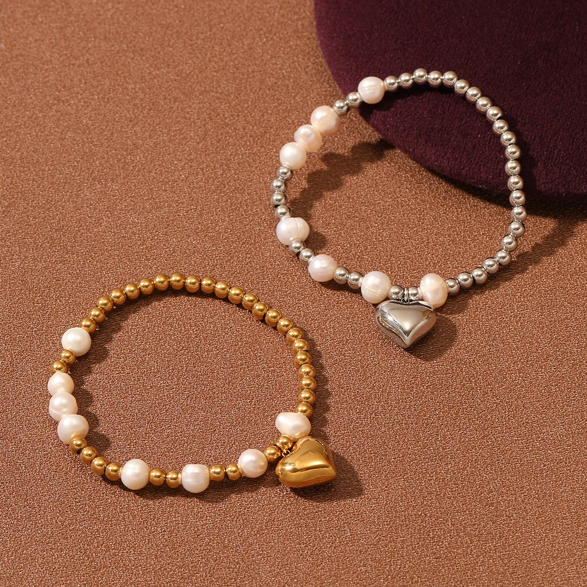 Heart Charm Stainless Steel Beaded Artificial Pearl Bracelet Fashion Jewelry For Women Elegant Sweet Style