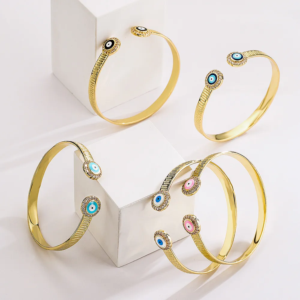 Evil Eye Offener Armreif Kupfer 18K Vergoldet Zirkonia Emaille Verstellbares Armband Für Frauen Minimalistischer Schmuck