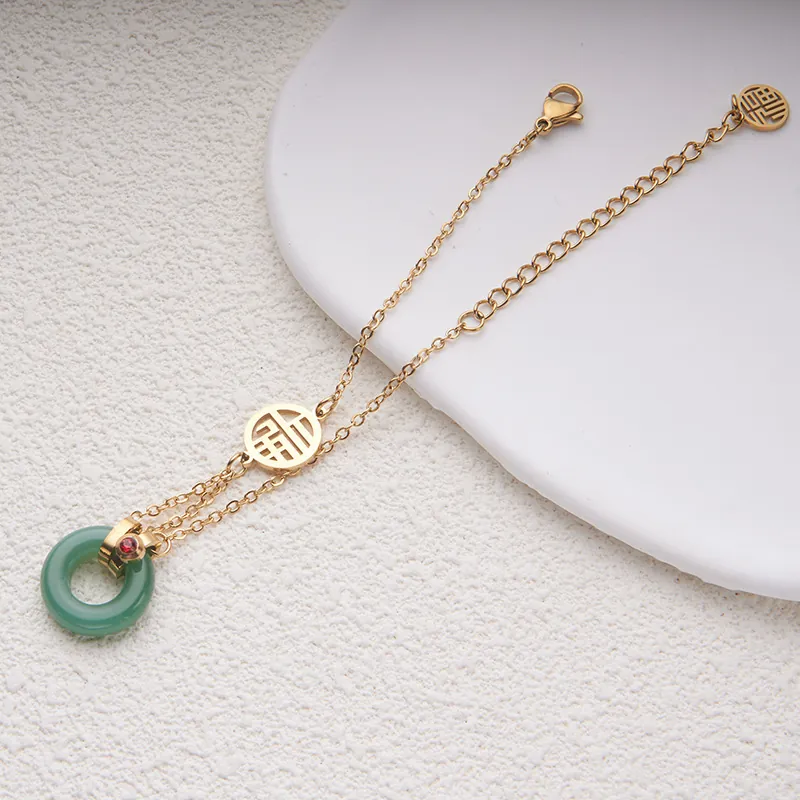 Bracelet En Acier Inoxydable Plaqué Or Anneau En Imitation Jade Vert Pendentif Caractère Fu Zircon Rouge Bijoux Chinois
