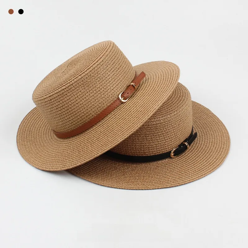 Boater Straw Hat Paper Woven Summer Beach Sun Protection Flat Top Short Brim Travel Fashion For Women Elegant-Style