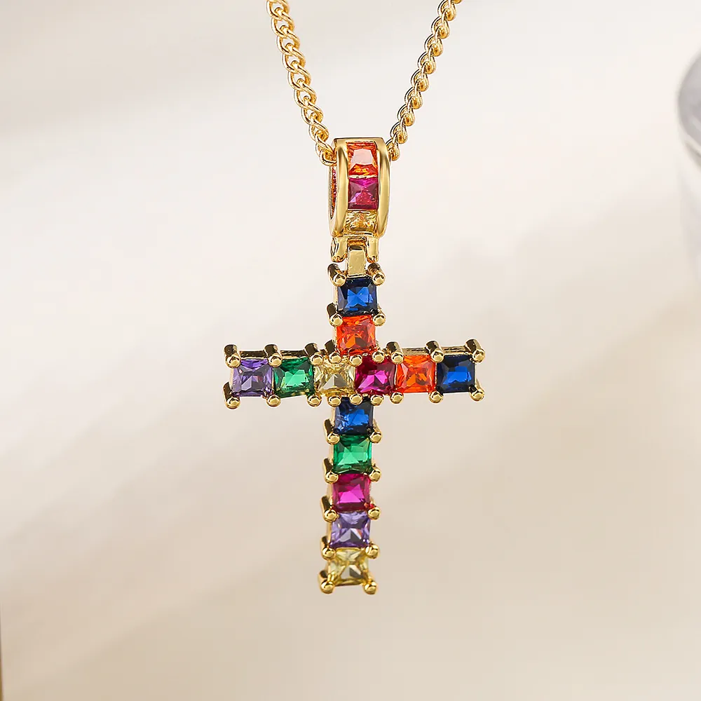Cross Pendant Necklace Gold Plated Copper With Square Colorful Zircon Geometric Luxury Fashion Jewelry For Women