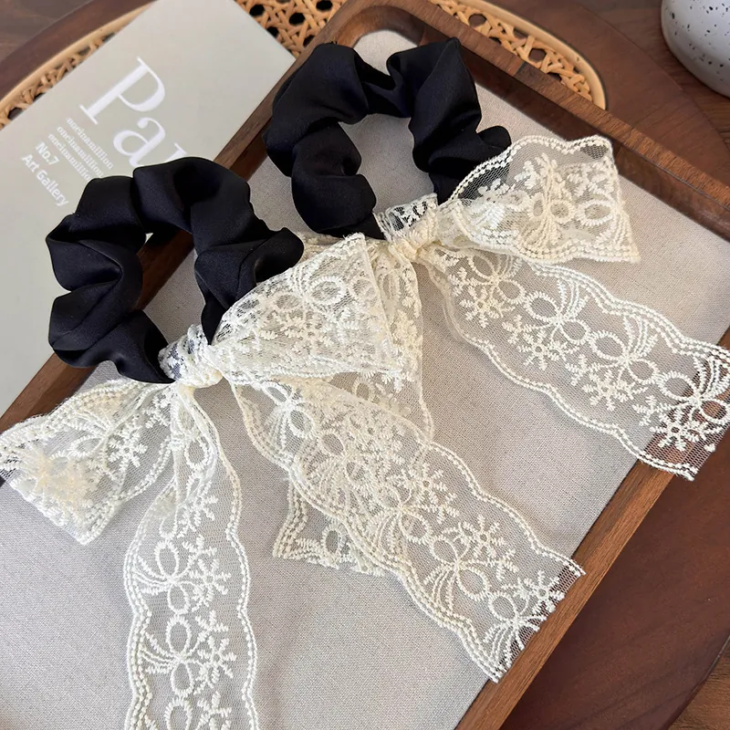 French Retro White Lace Bow Scrunchie Black Fabric Hair Tie With Long Ribbon Streamer Elegant Accessories For Women