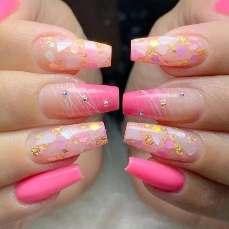 Long Coffin Press On Nails Pink Shell Glitter Rhinestone False Nails Ballerina Style Artificial Fingernails For Women