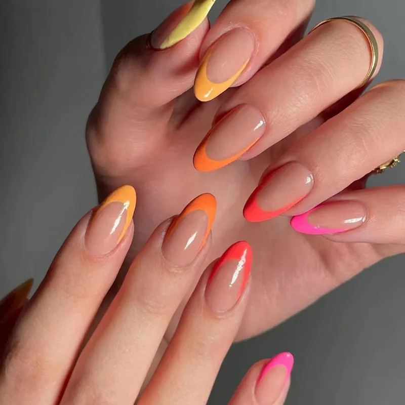 Colorful French Tip Press On Nails Almond Shape Neon Gradient Fingernails With Glue Glossy Ins Style For Women