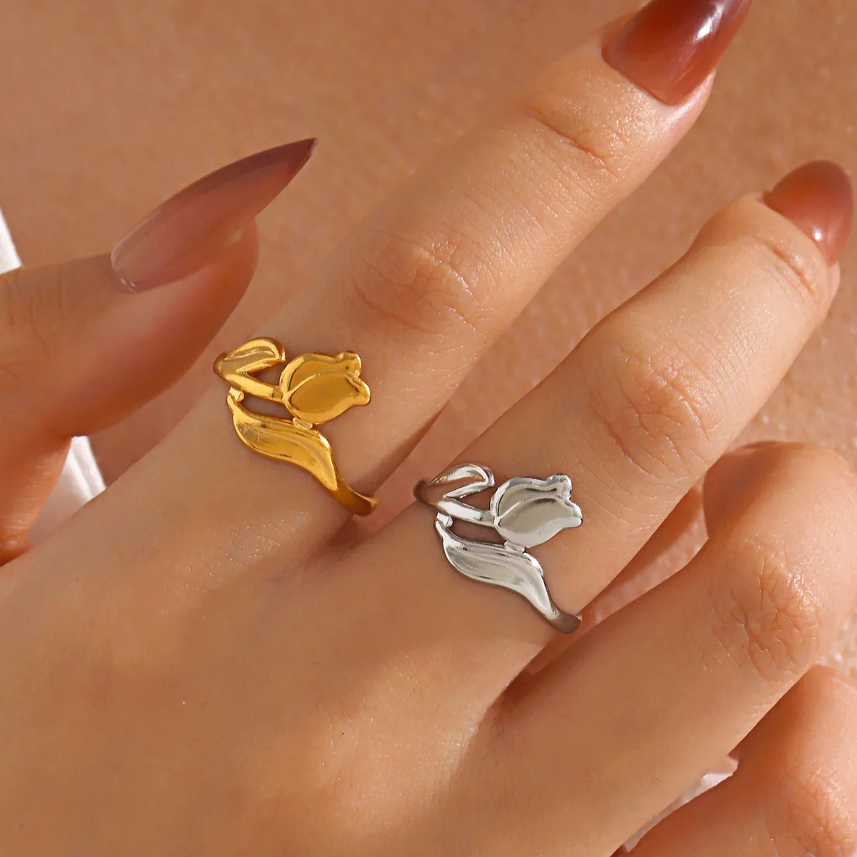 Tulip Flower Open Ring For Women Stainless Steel 18K Gold Plated Adjustable Elegant Floral Jewelry Gift