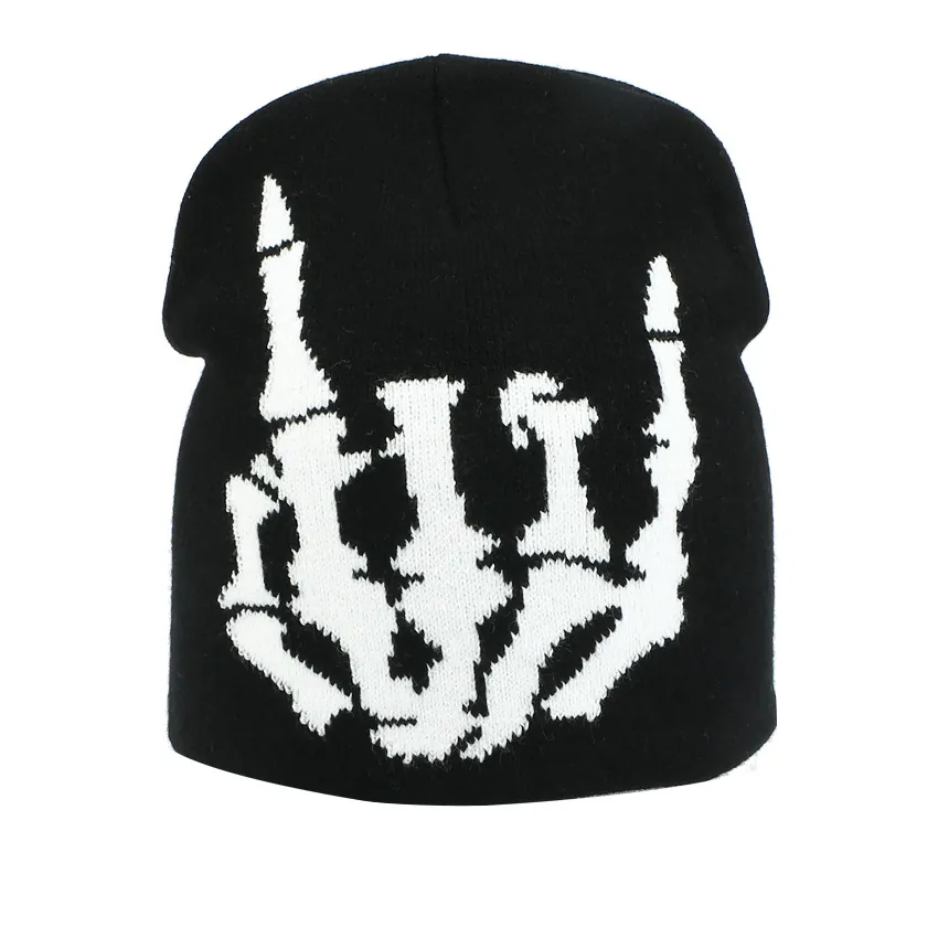 Bonnet En Tricot Geste De Main Squelette Acrylique Hiver Chaud Punk Rock Streetwear Graffiti Crâne Pour Hommes Femmes