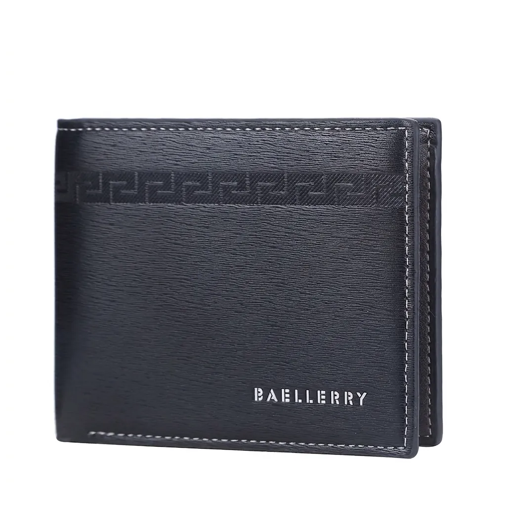 Mens Bi-fold Wallet PU Leather Horizontal Multi Card Slots With Greek Key Pattern Business Casual Style RFID Blocking