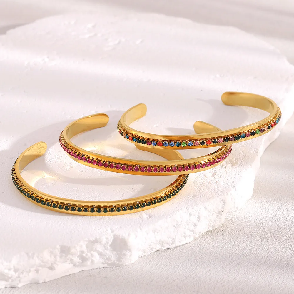 Stainless Steel Bangle 18K Gold Plated Colorful Cubic Zirconia Open Cuff Bracelet Elegant Jewelry For Women