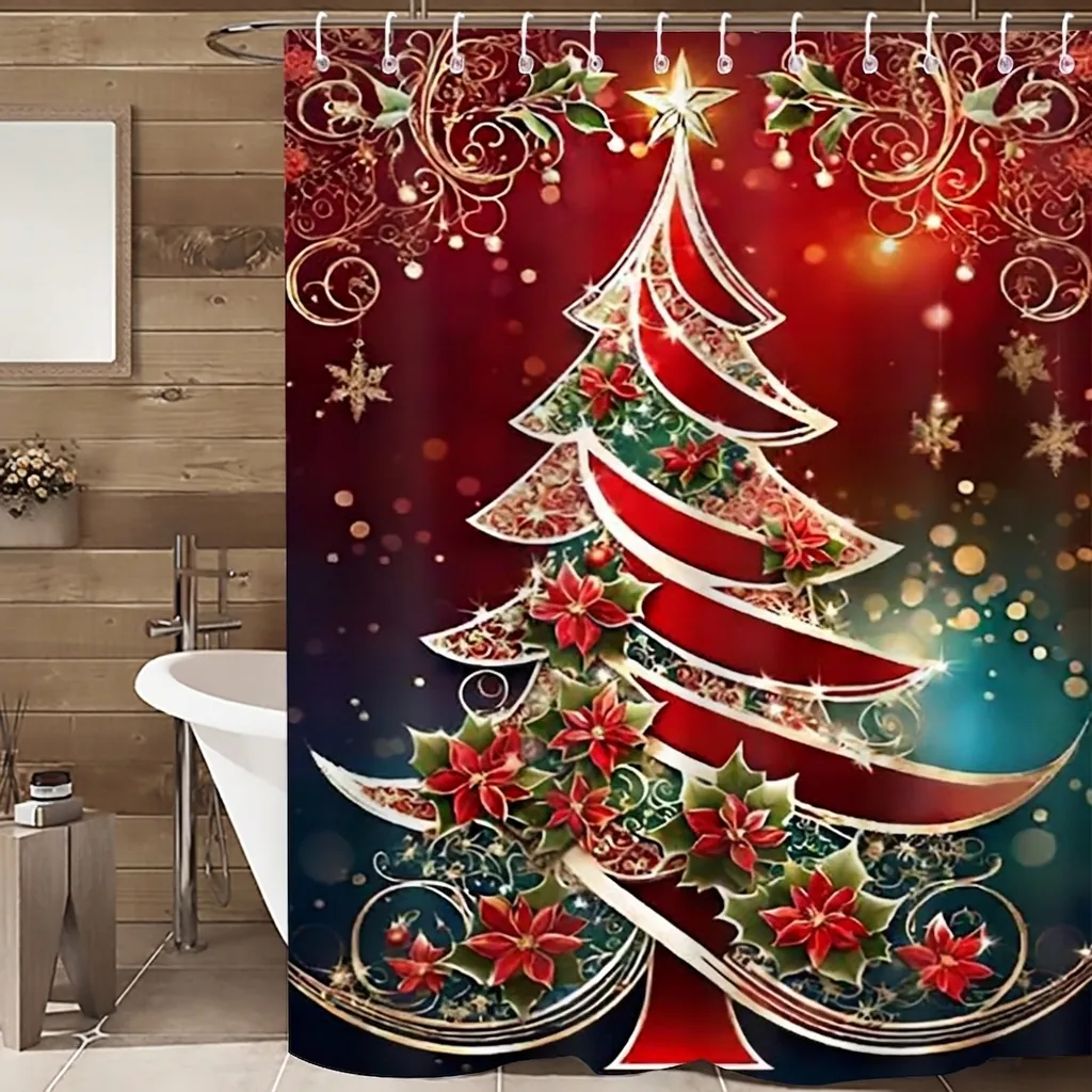 Christmas Shower Curtain Waterproof Polyester Festive Xmas Tree Poinsettia Pattern Bathroom Decor Ornament