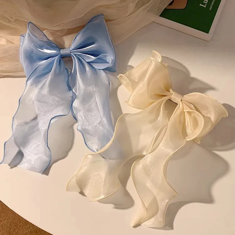 Oversized Organza Mesh Bow Hair Clip With Long Ribbons Fairy Elegant Spring Clip Accessories For Women Girls