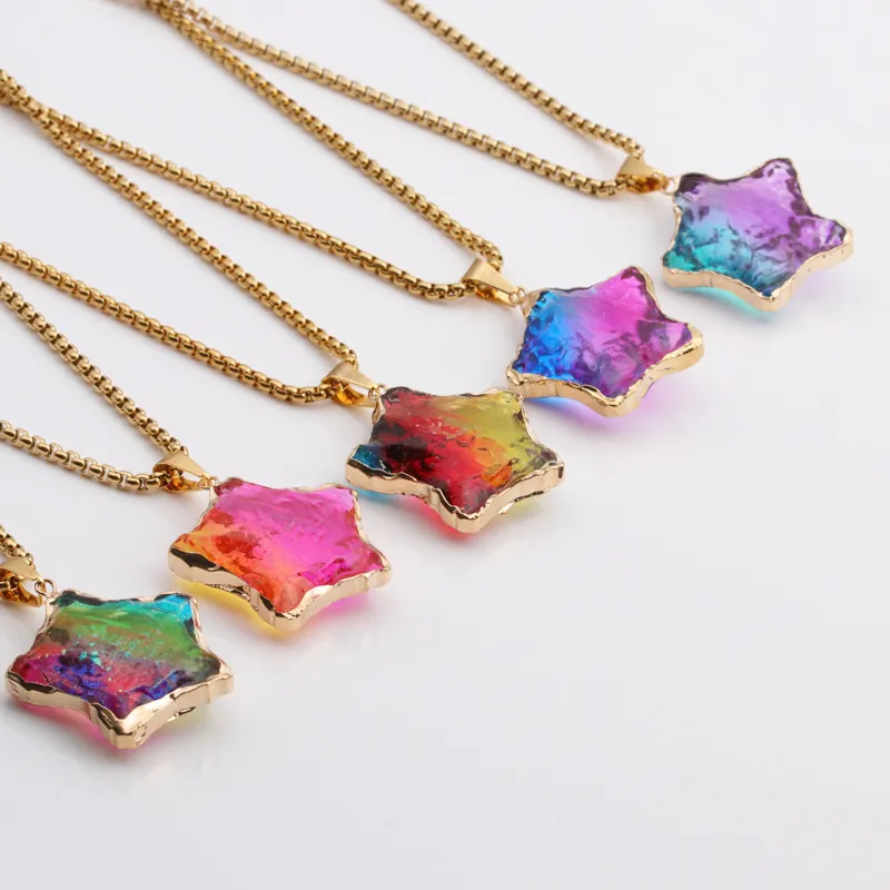 Star Pendant Necklace Colorful Iridescent Faceted Glass Stainless Steel Chain Alloy Edging Boho Jewelry For Women Men