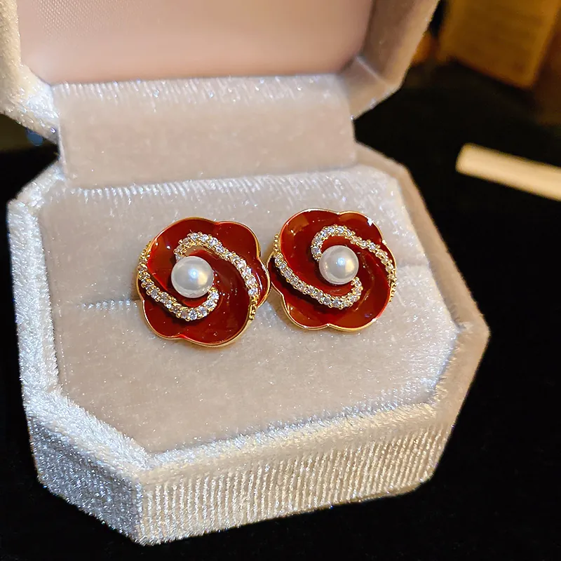 Vintage Rote Emaille Geometrische Legierung Ohrringe Mit Silberstecker Für Damen Eleganter Retro Chic Schmuck